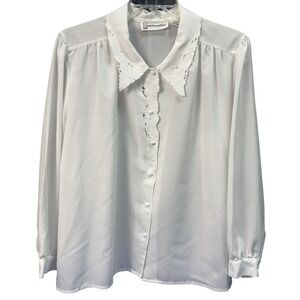 Vintage Quintessentials Ivory Lace Collar Blouse Womens 42 Button Front EUC